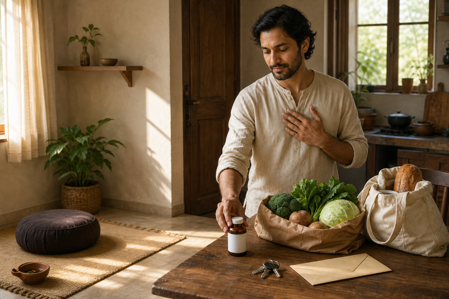 A person organizes groceries, medicine, keys, and an envelope at a kitchen table beside a meditation cushion and clay lamp.