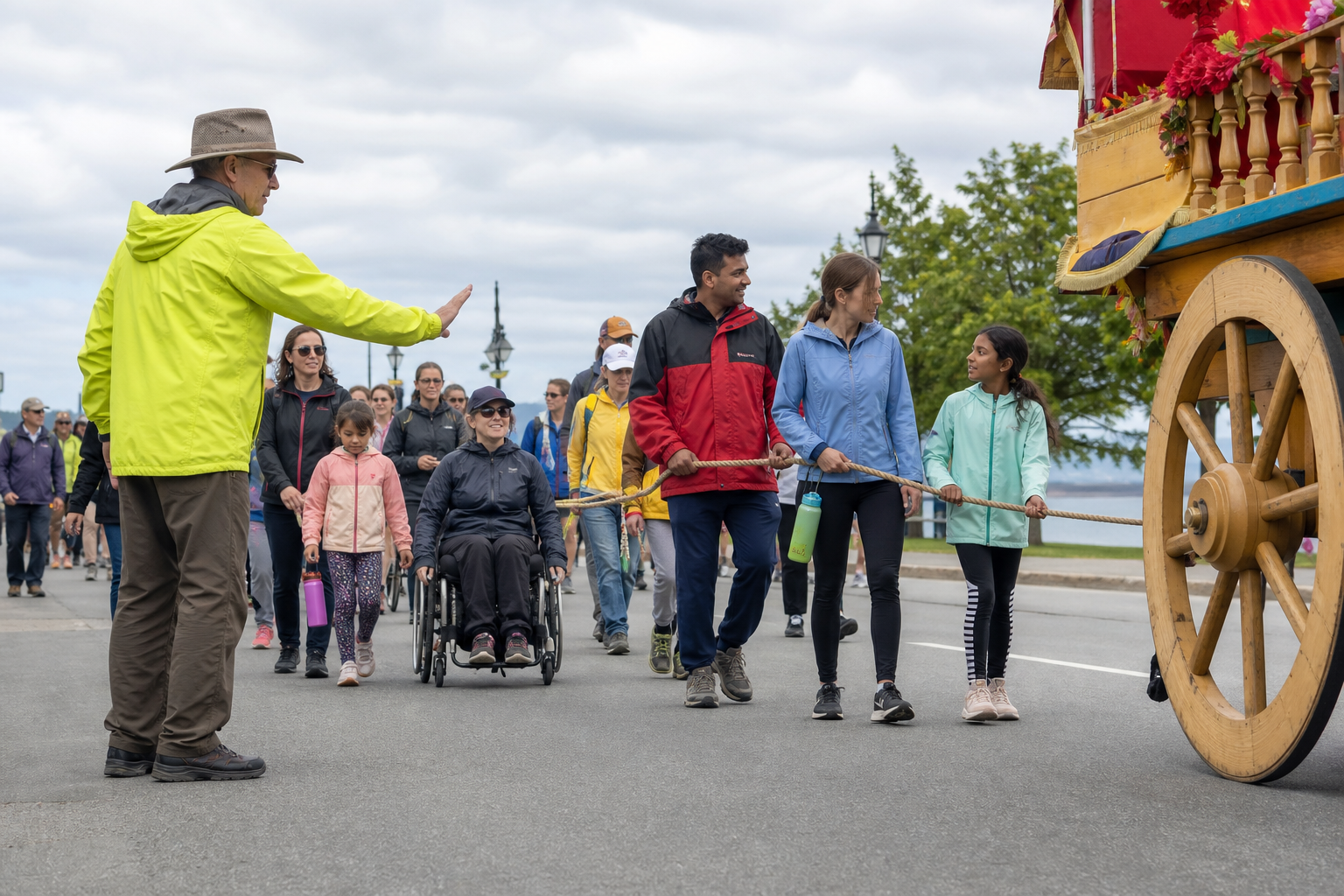 Festival participants walk beside a chariot with clear space around its wheel and rope while a steward guides the diverse crowd.