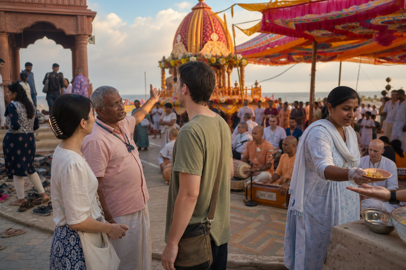 An attendee explains the chariot shrine to two visitors while musicians perform and volunteers serve vegetarian food nearby.