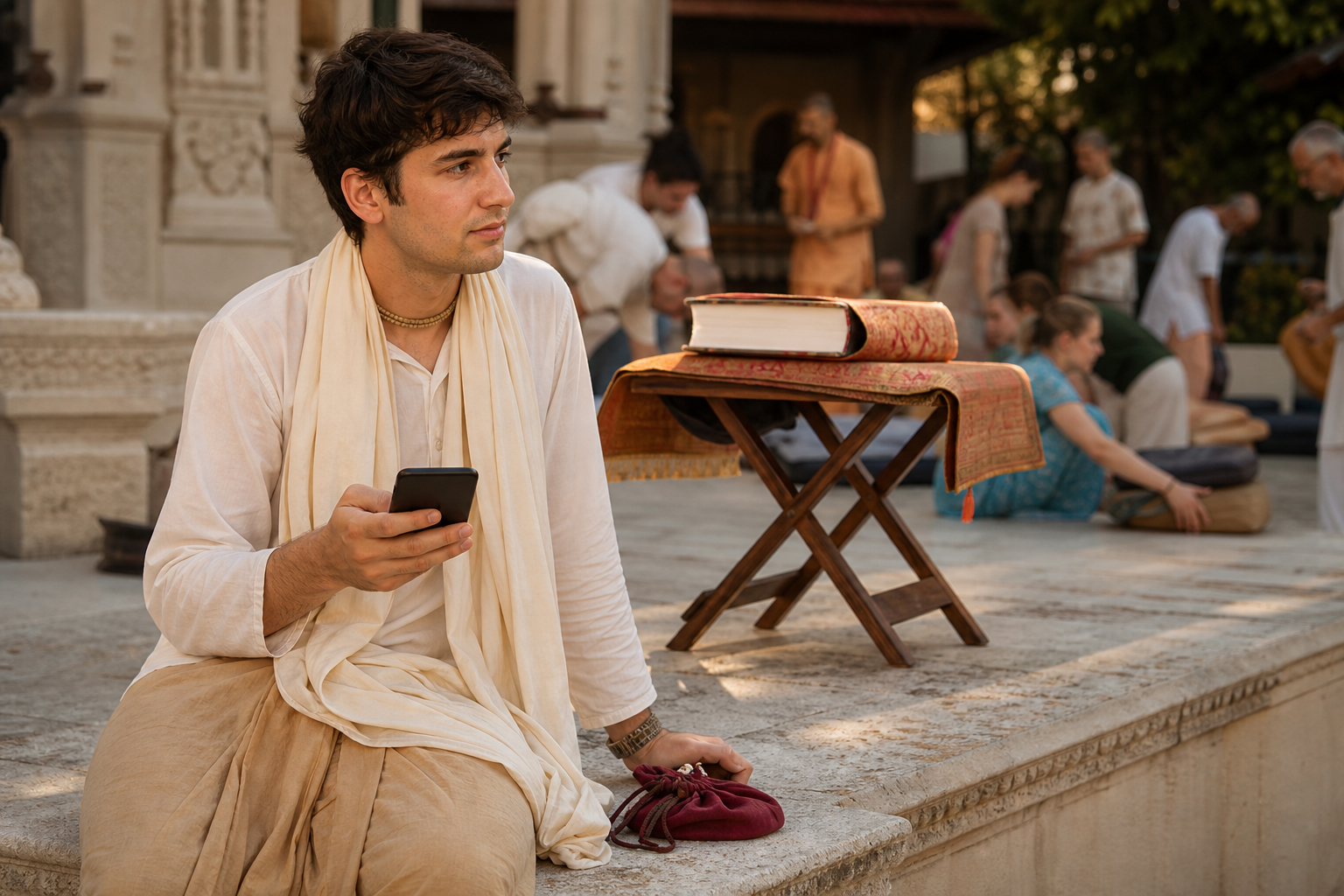 A devotee pauses with a smartphone beside a bead bag after a Bhagavatam gathering in a temple courtyard.