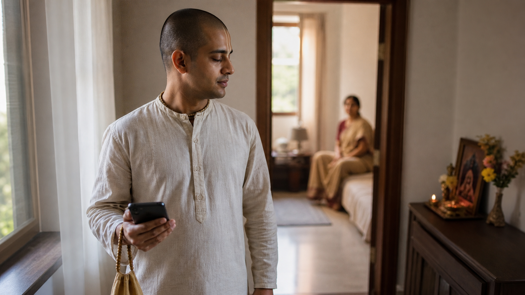 A devotee lowers a smartphone and pauses calmly before approaching a family member at home.