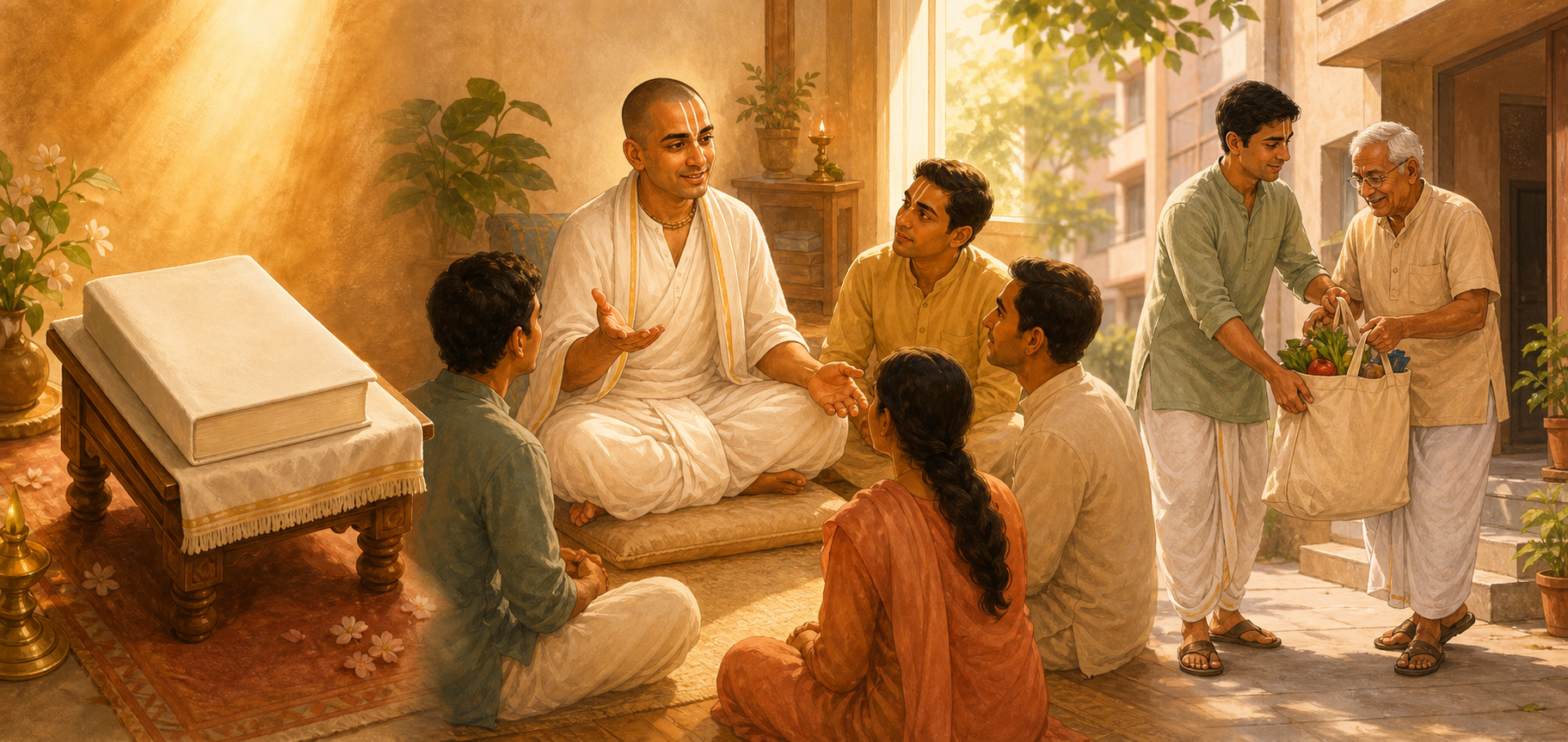 A three-part illustration shows a sacred book on a lectern, a teacher speaking to a group, and a listener helping an older neighbor.