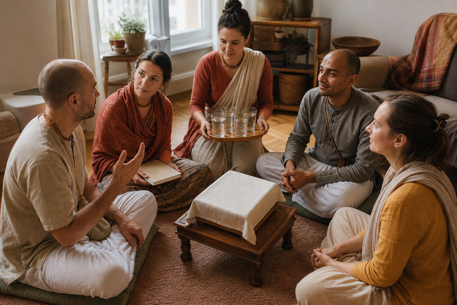 Five devotees sit in a home discussion circle while one asks a question and another serves water.