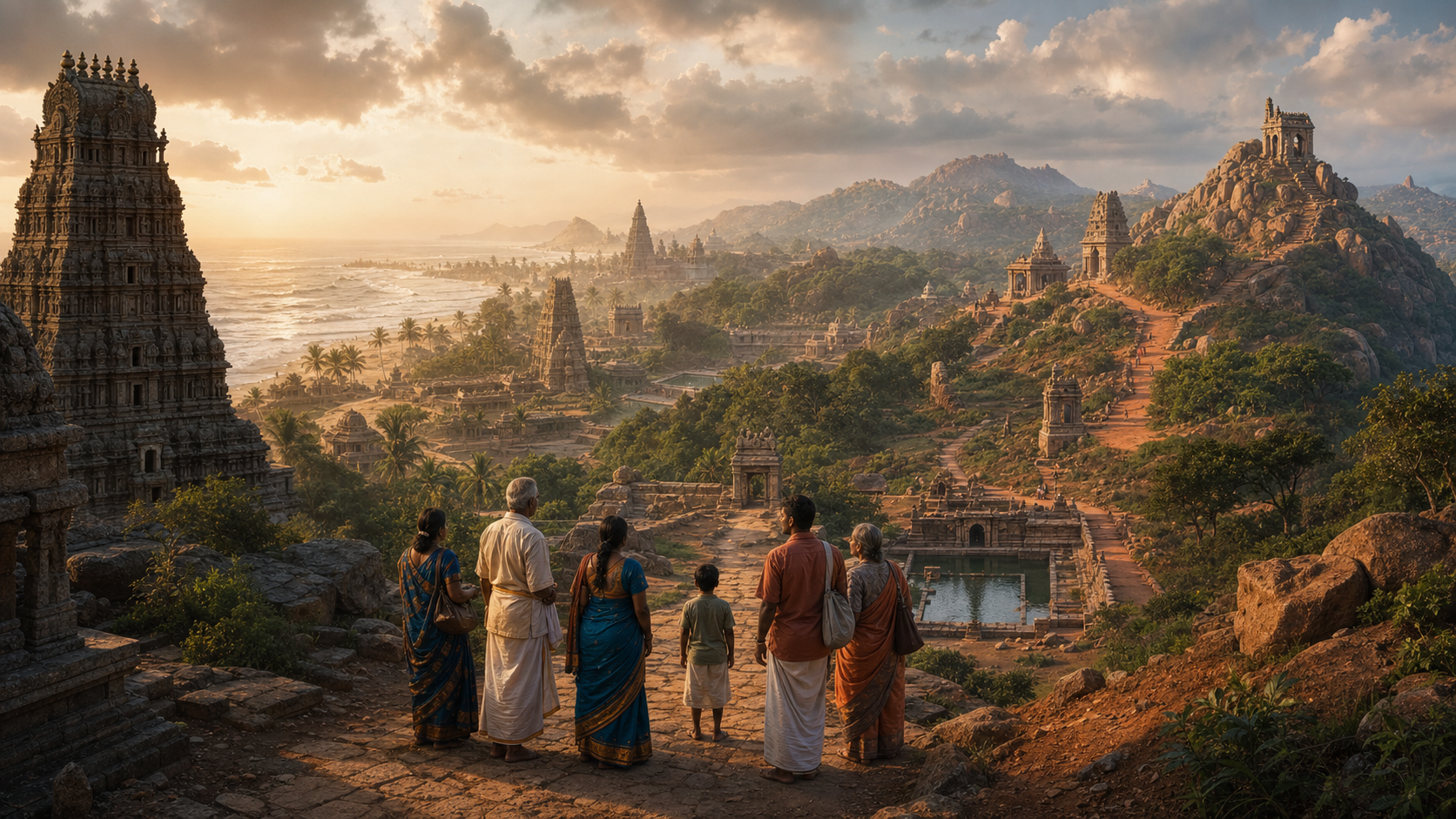 Indian pilgrims stand on a stone path within a conceptual South Indian landscape that combines coastal granite temples, inland hills, temple tanks, and distant gateways.