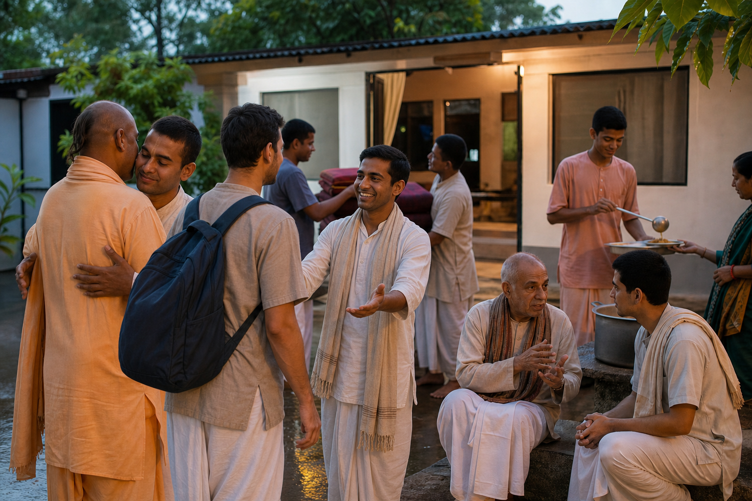 Devotees help one another, welcome a newcomer, serve food, and stack cushions outside a modest community hall.