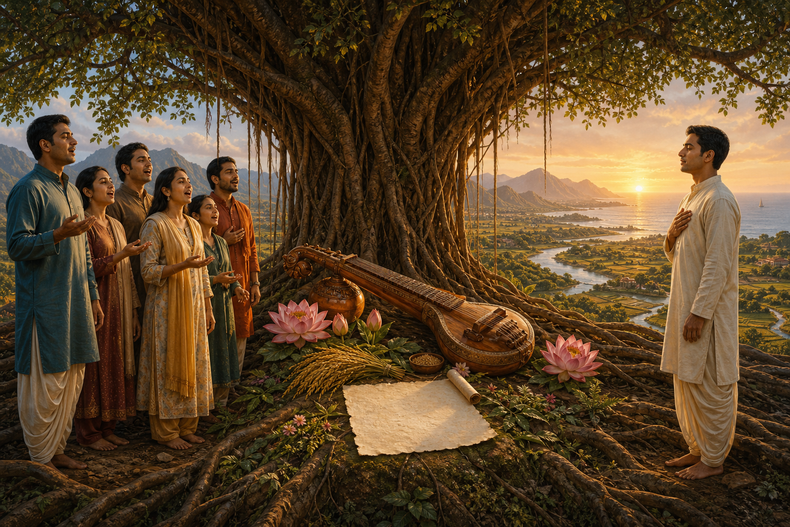 A veena, lotuses, grain, and blank parchment beneath a banyan tree, with a group singing on one side and a respectfully silent person on the other.