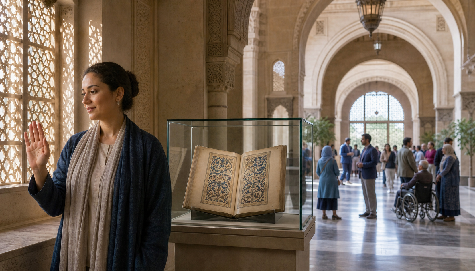 A person respectfully declining to sing stands before a protected antique folio, with an open civic hall visible beyond.
