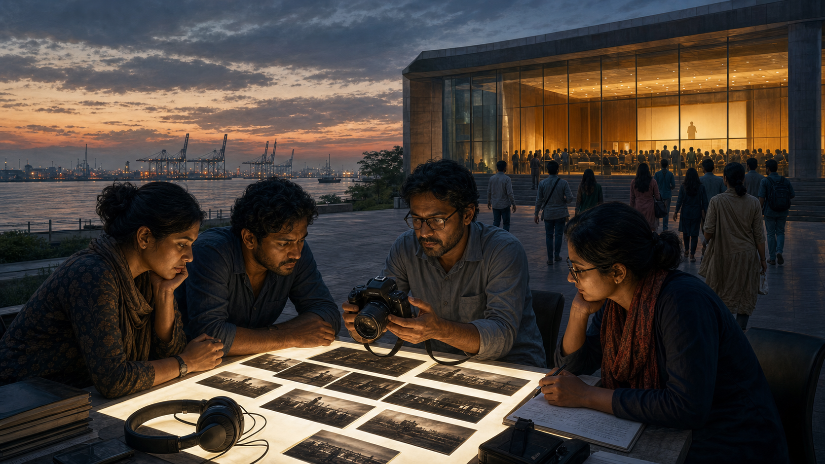 Journalists review conference recordings outside a fictional riverfront auditorium in Chattagram, with port cranes visible in the distance.