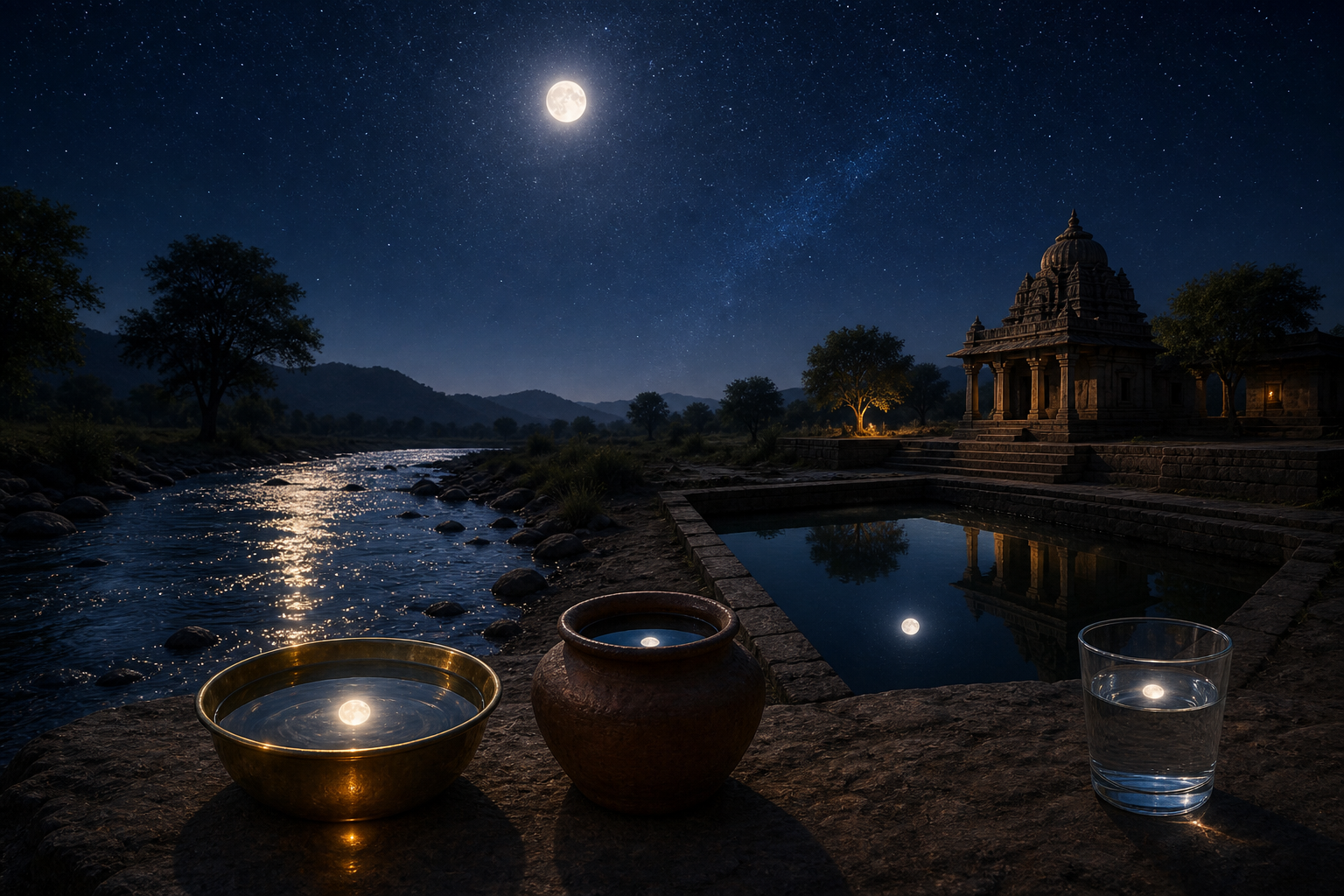 One radiant light in the night sky is reflected differently in a river, a brass bowl, a clay pot, a pond, and a glass vessel.