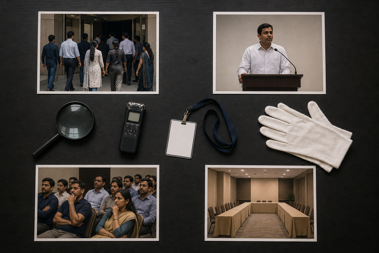 Four separate evidence photographs show venue attendance, a podium speaker, an audience, and an empty meeting room on an investigator's table.