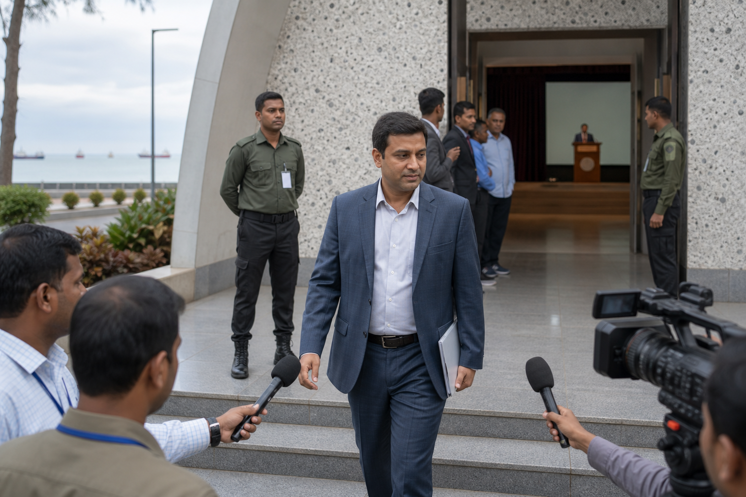 An anonymous public official enters a fictional conference venue as reporters gather outside and a separate speaker appears at a distant podium.