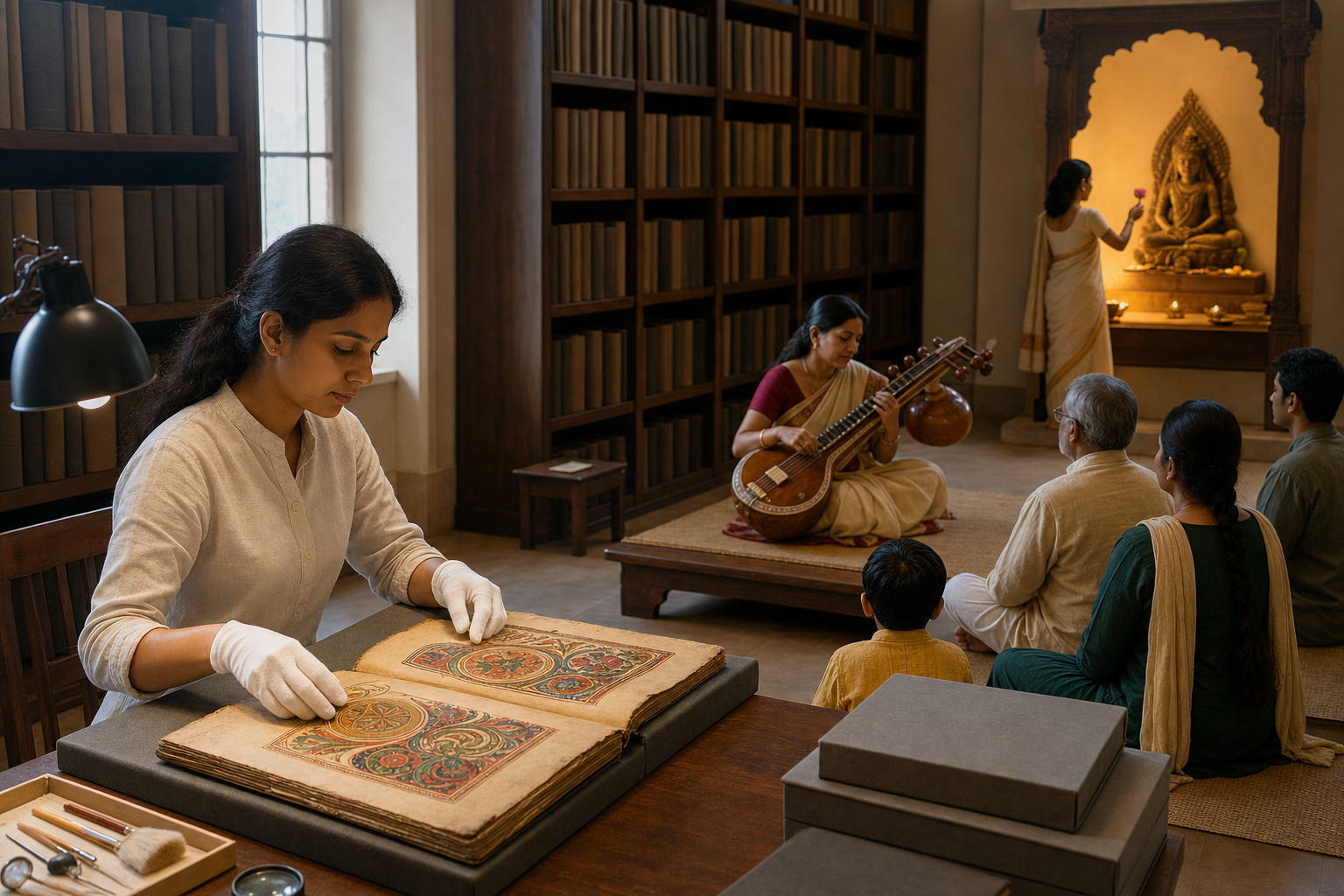 An archivist preserves an old folio while an audience hears a veena performance and a devotee makes a separate flower offering in the background.