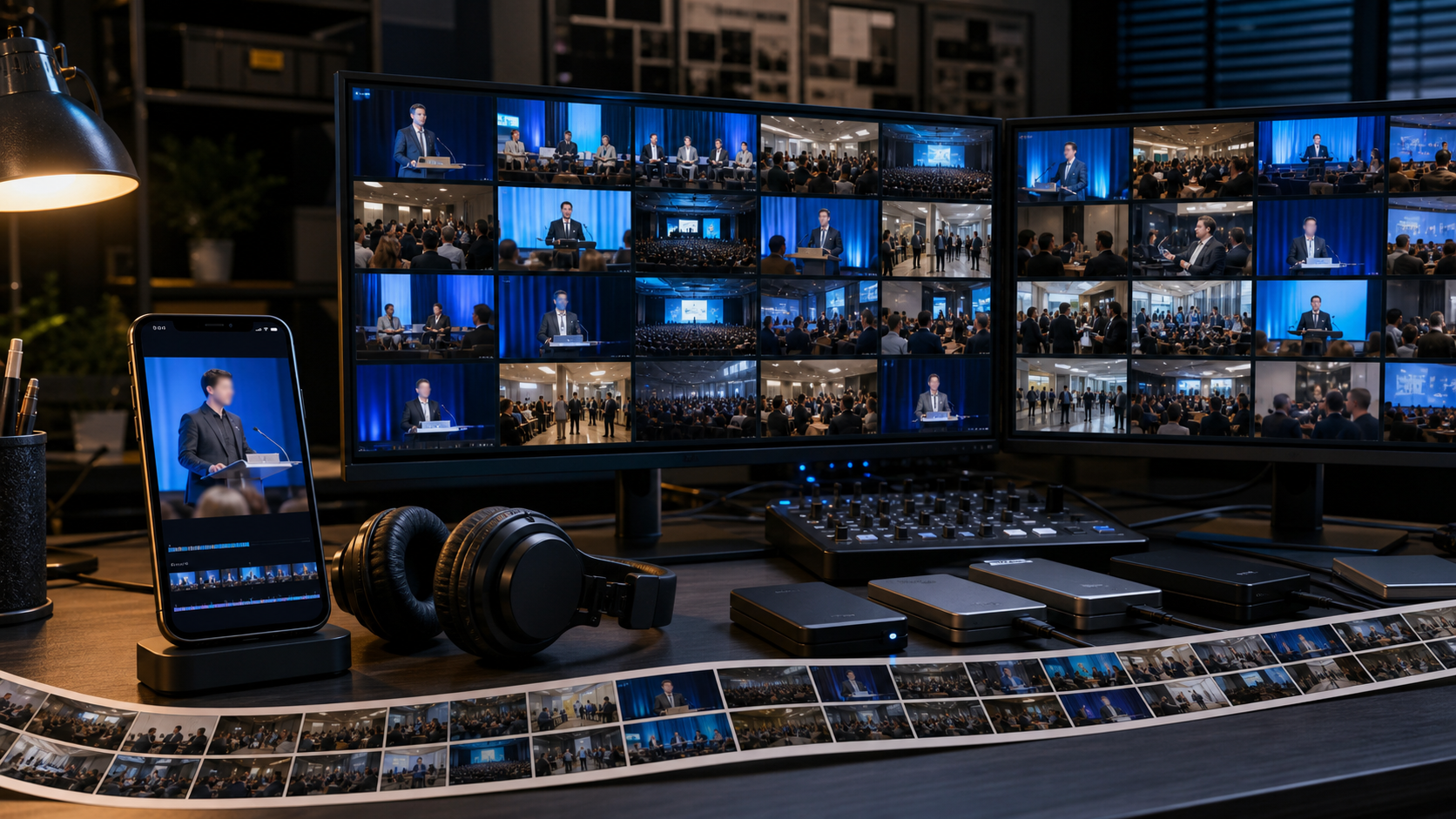 A media analyst's desk compares one cropped phone clip with many sequential views from a complete conference recording.