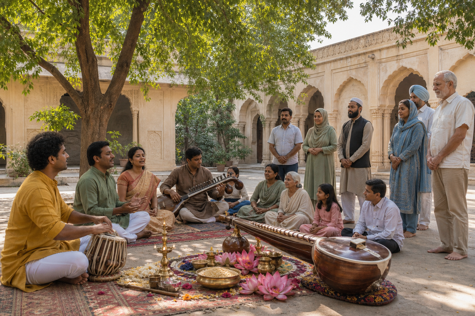Citizens gather in a sunlit courtyard, with some joining a musical ceremony and others standing respectfully nearby beside an intact cultural display.