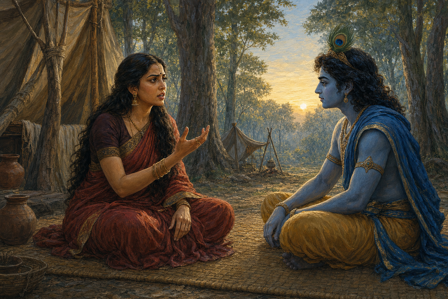 Draupadi speaks with an emphatic hand gesture while Krishna listens at eye level in a forest encampment at dawn.