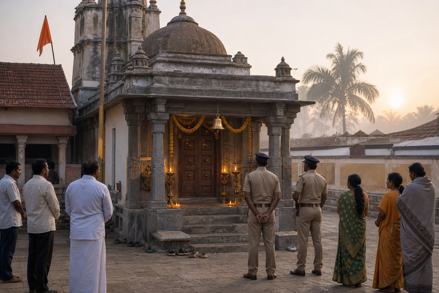A Karnataka Anjaneya temple at dawn with concerned devotees and police officers standing respectfully outside the entrance.