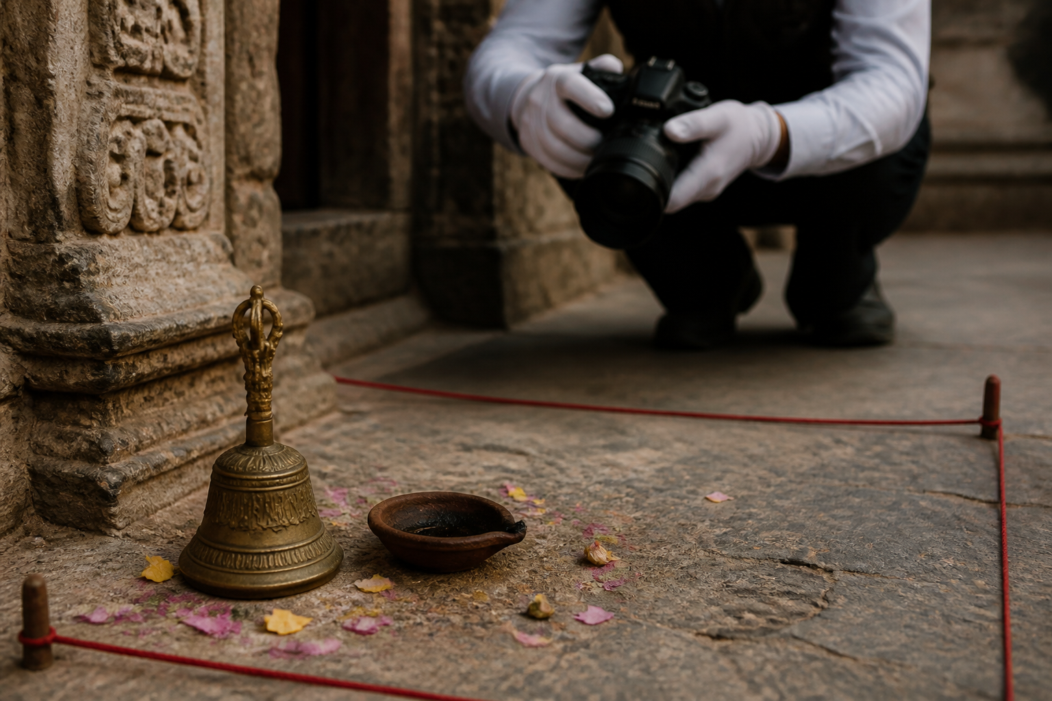 An investigator photographs an undisturbed area near a temple doorway beside a brass bell, oil lamp, and flower petals.
