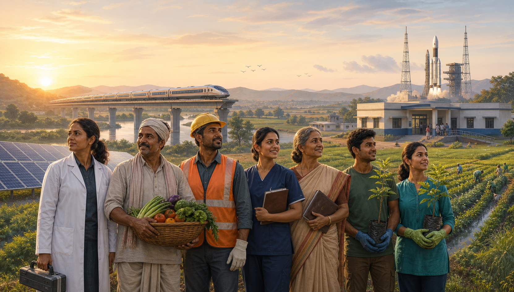 Editorial illustration of Indian citizens from science, farming, construction, health care, education, and community service standing before rail, energy, agricultural, medical, and space infrastructure at sunrise.