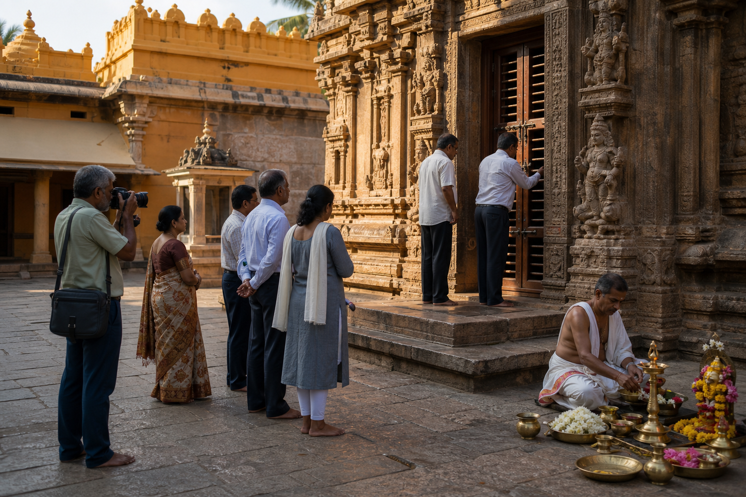 Devotees, temple committee members, and a priest organize documentation, security checks, and ritual preparations in a temple courtyard.