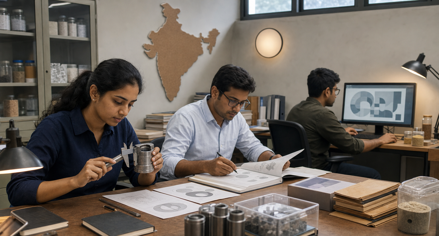 Three Indian professionals verify evidence in a research workspace using measuring tools, diagrams, notebooks, samples, and a computer.