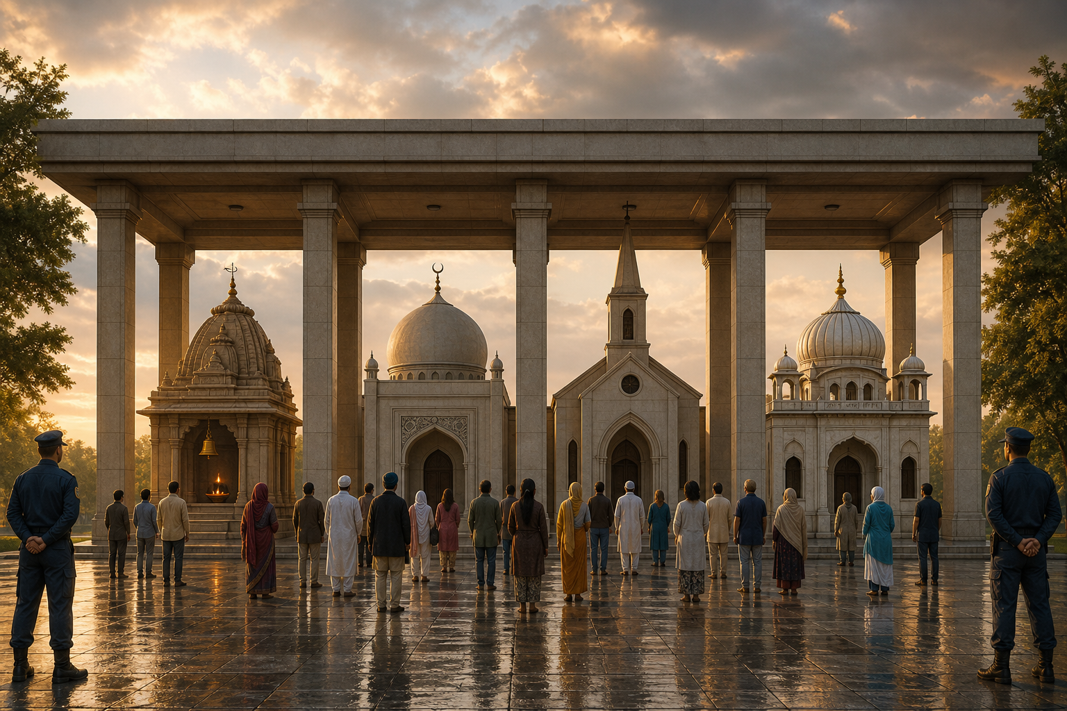 Different places of worship and a diverse group of townspeople stand under one protective stone canopy guarded by civic officers.