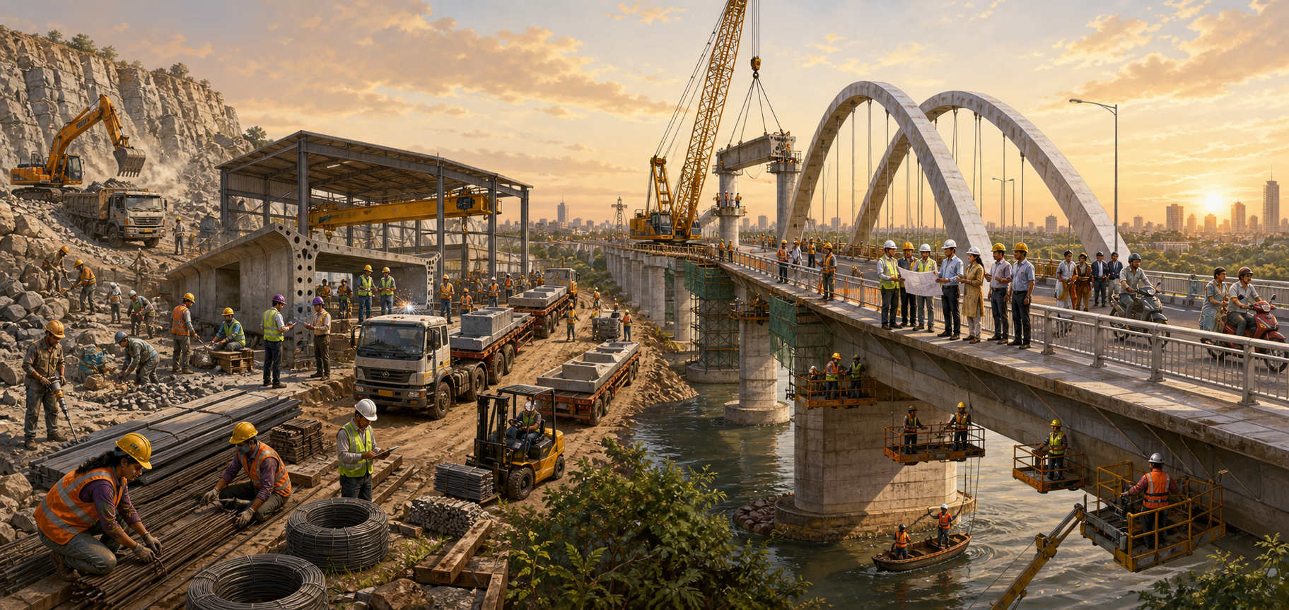 Panoramic illustration of workers, engineers, logistics staff, inspectors, maintenance crews, and commuters connected through the construction and operation of a public bridge.