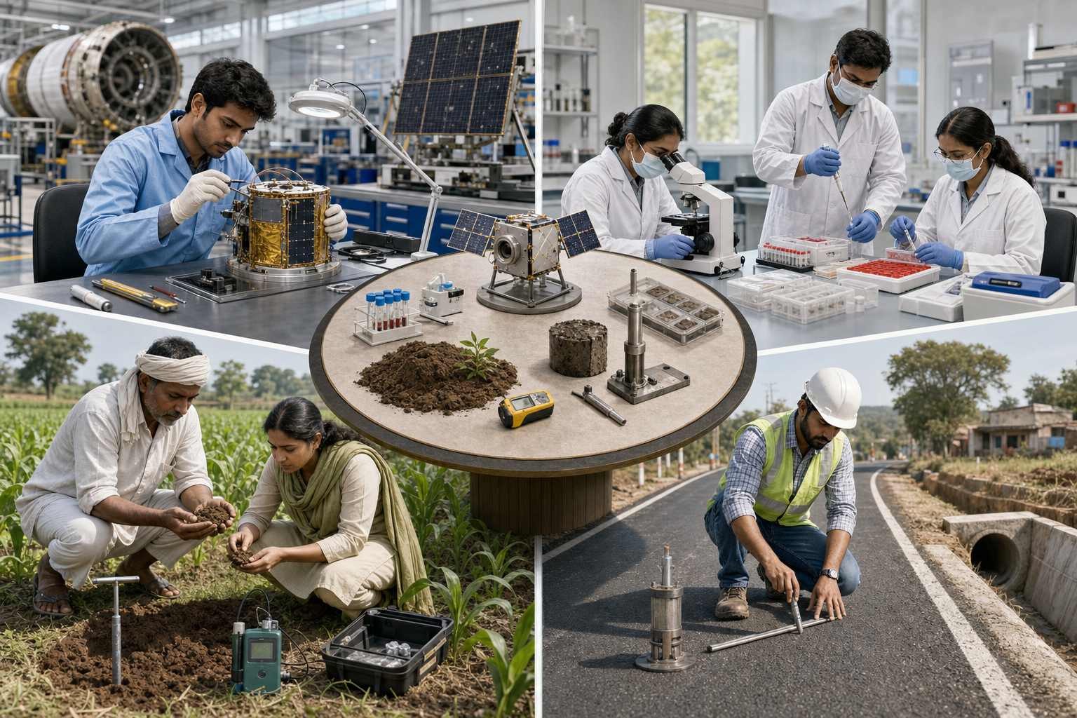 Four connected scenes show Indian professionals evaluating space hardware, public-health samples, farm soil and crops, and a rural road with tools suited to each field.