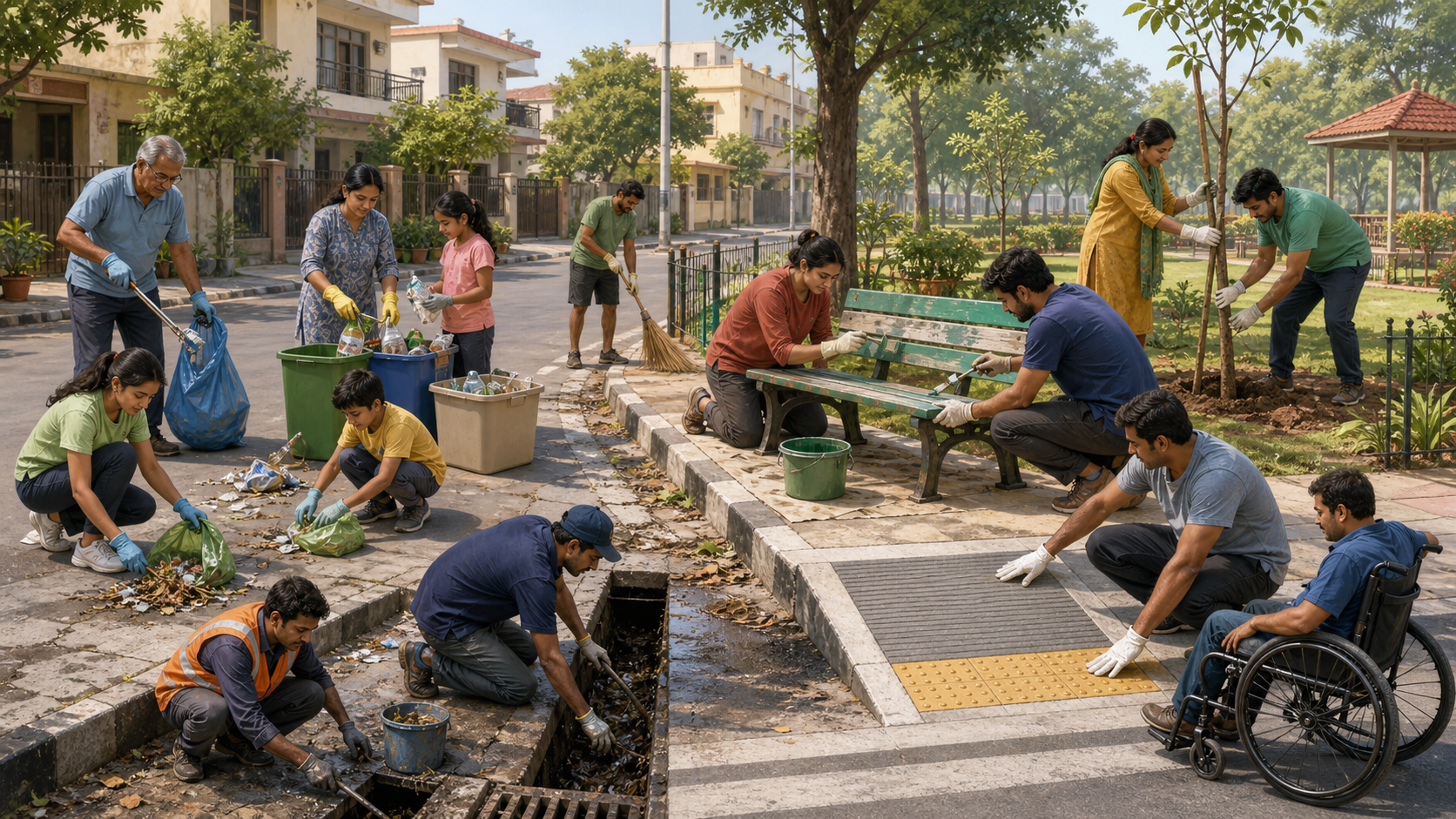 Indian residents clean a neighborhood street, sort recyclable waste, repair a bench, inspect a curb ramp, plant a tree, and clear a rainwater drain together.