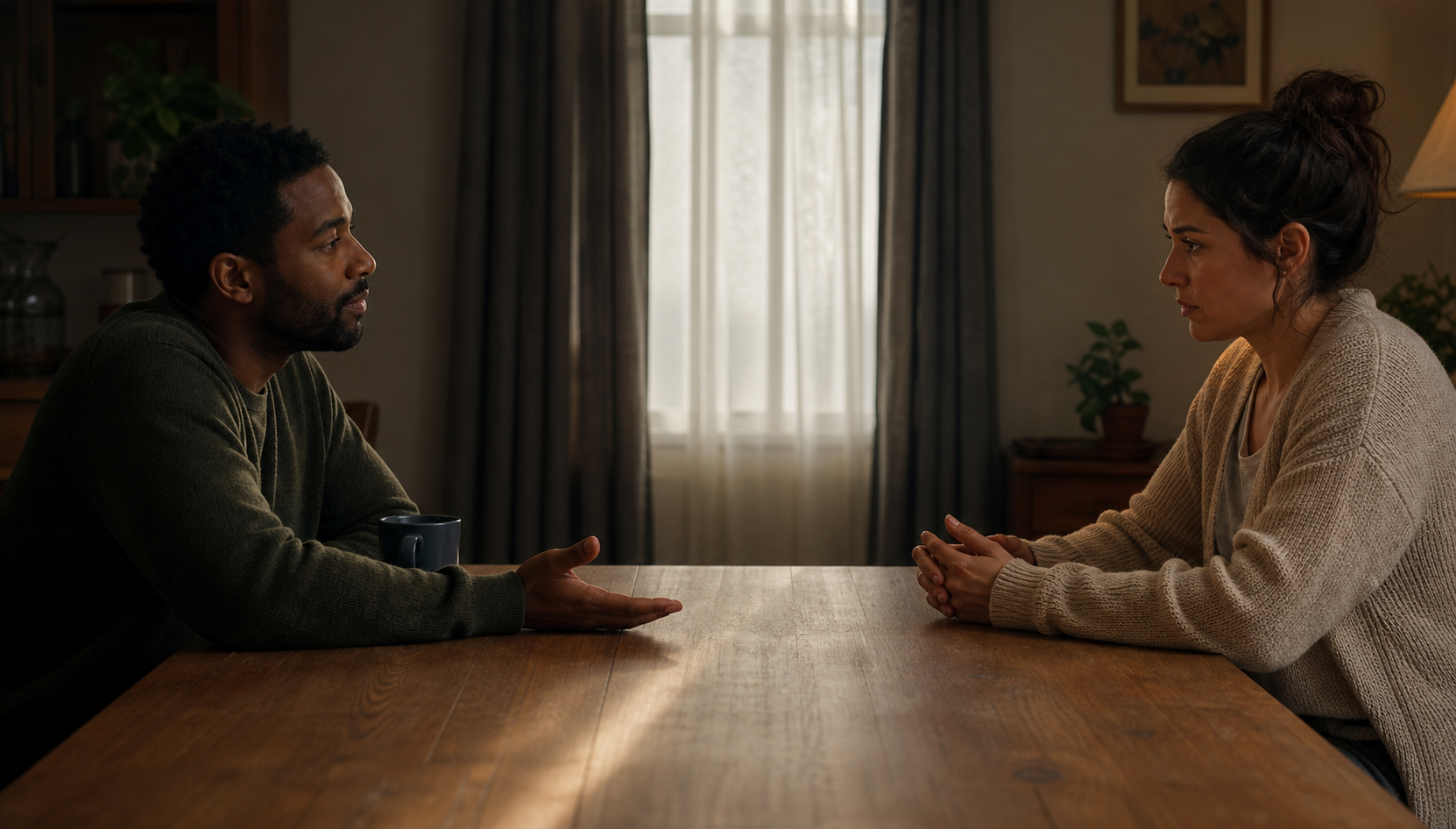Two adults sit across a dining table as one listens with an open posture and the other's tense hands begin to relax.