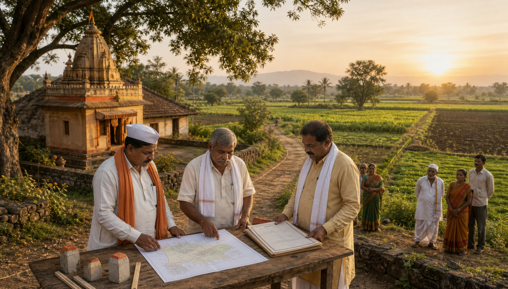 Temple trustees review land records beside agricultural fields surrounding a village temple in Maharashtra.