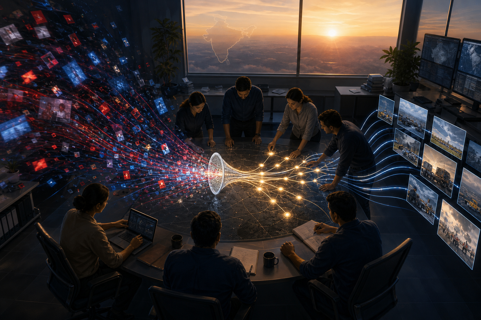 An Indian crisis-response team organizes chaotic digital signals into a coordinated evidence network in a modern operations room.
