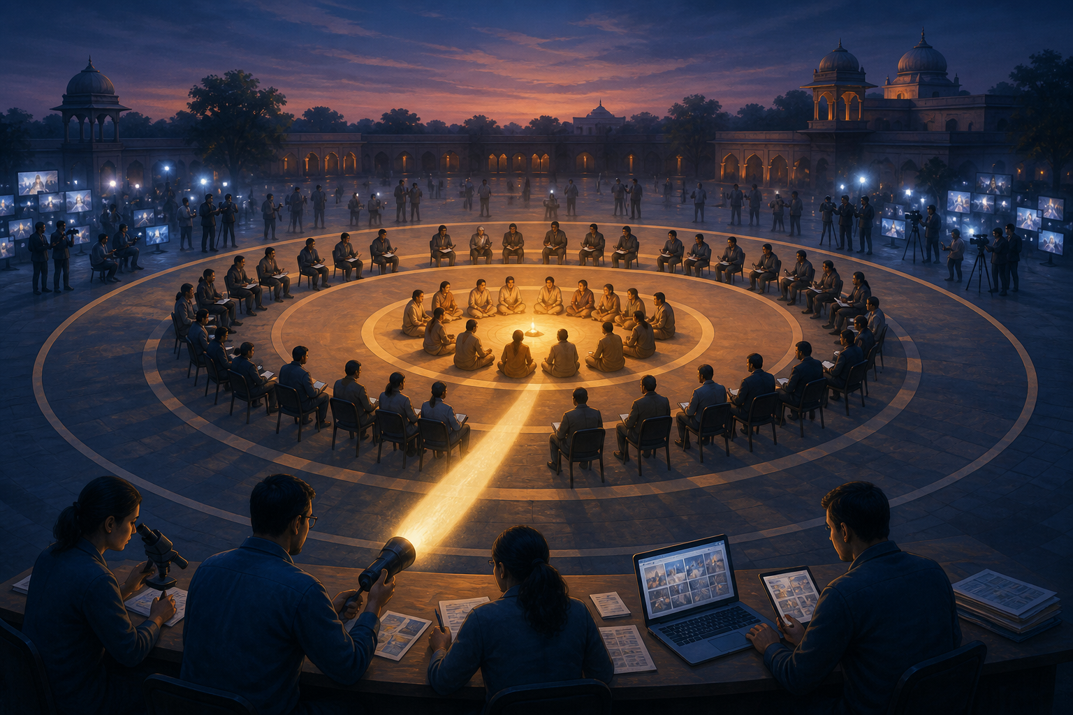 Citizens, journalists and decision-makers occupy distinct zones as a team directs verified evidence toward a shared center.