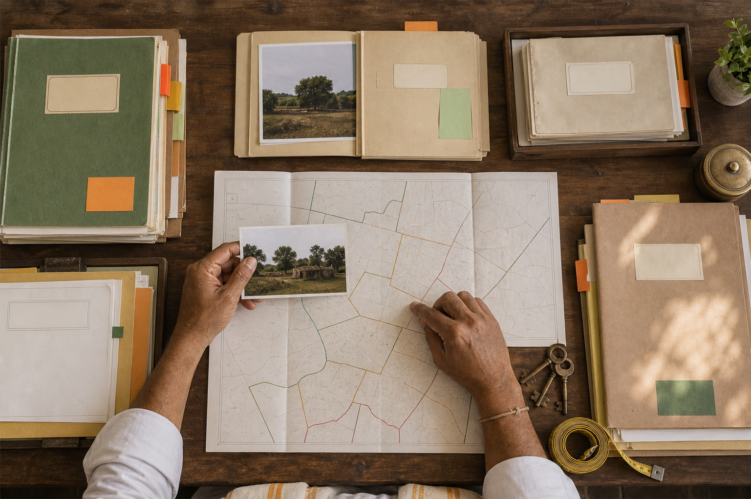 A trustee organizes maps, photographs, folders, keys, and measuring tools for a temple land parcel file.