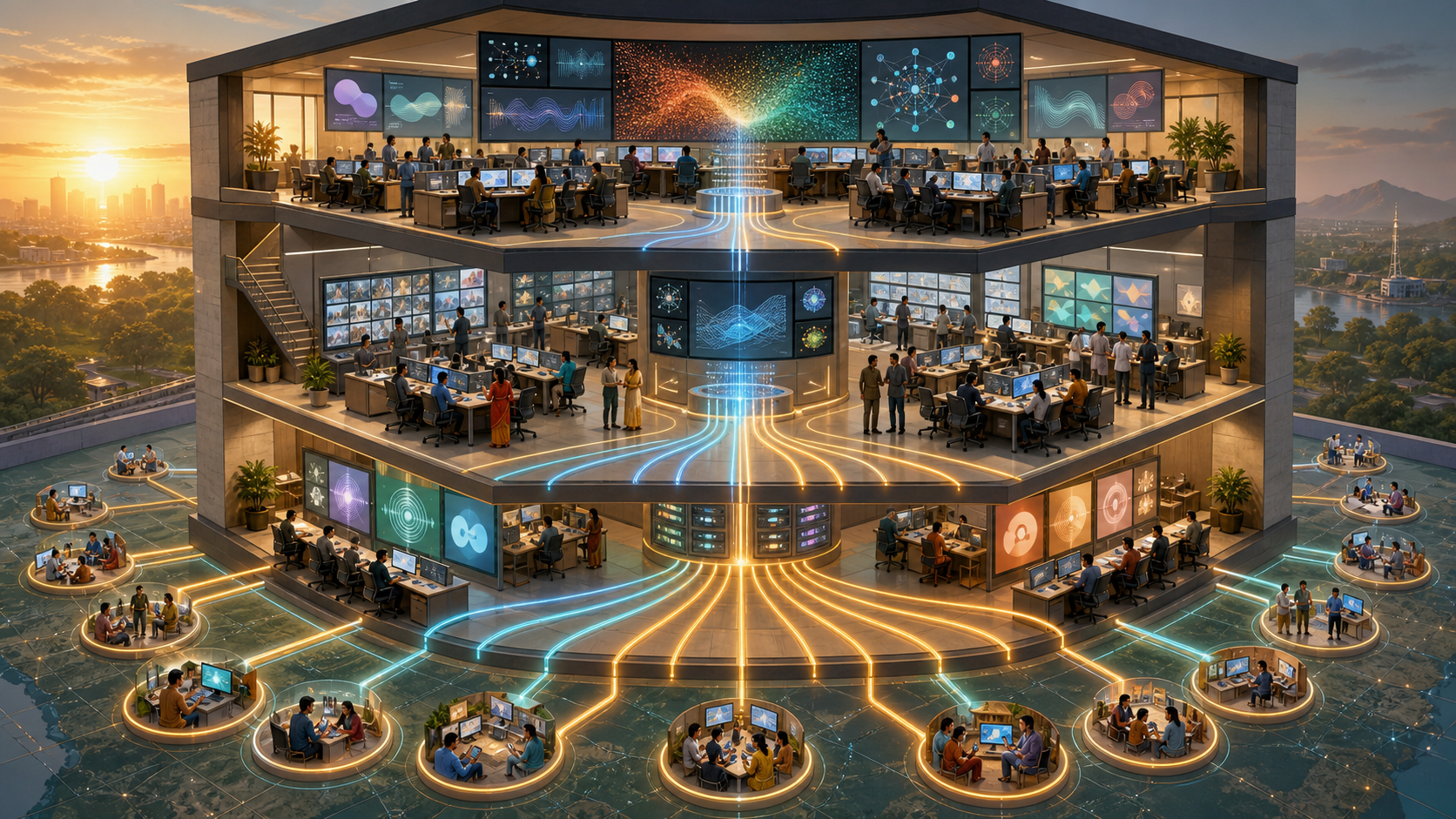 A multi-level information center connects monitoring, verification and regional distribution teams through a coordinated network.