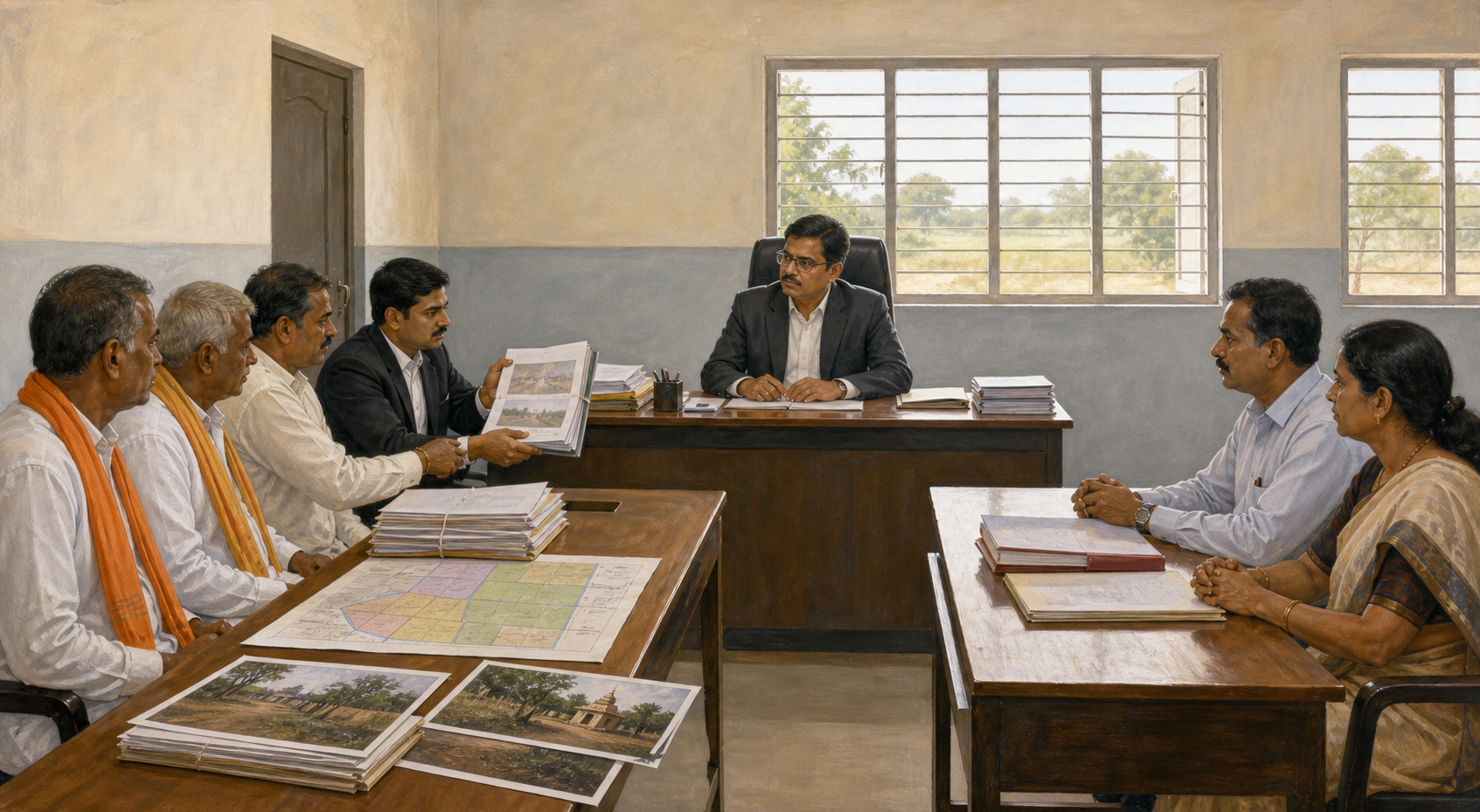 Temple trustees and their advocate present organized land evidence during a formal administrative hearing.