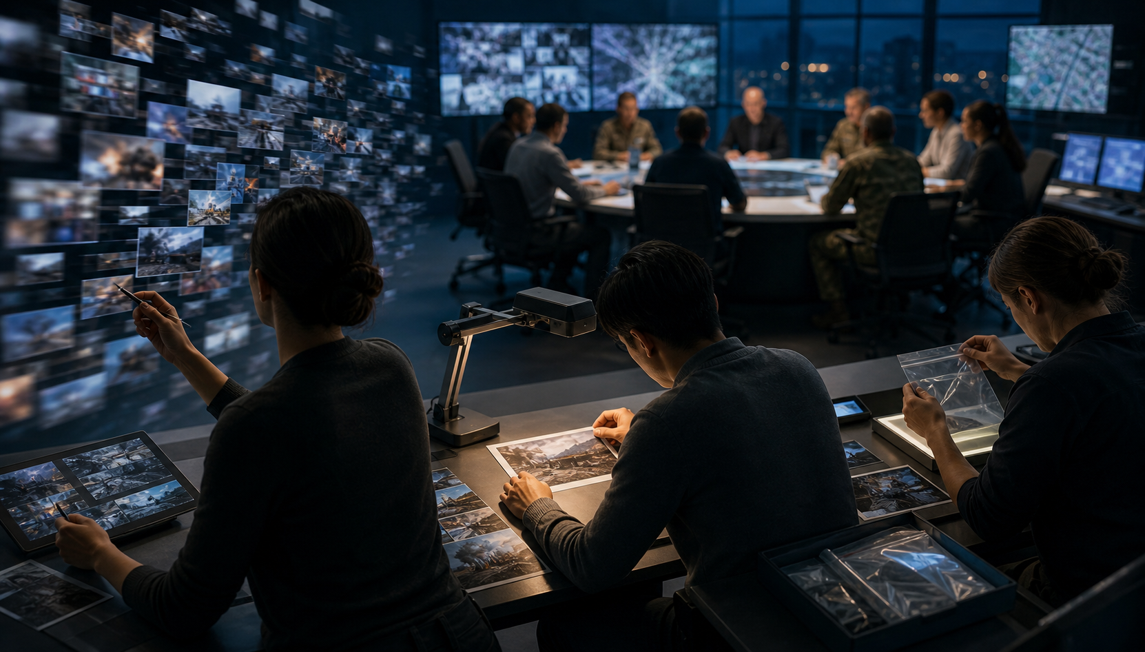 Analysts inspect a suspicious video frame and assemble evidence while a coordinated crisis team works nearby.