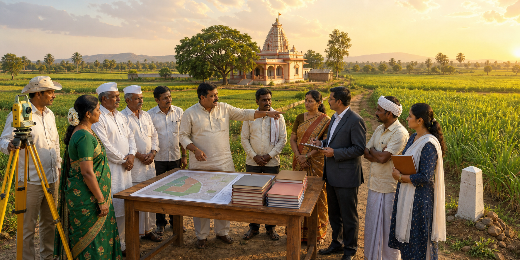 Trustees, devotees, farmers, a surveyor, and a legal adviser coordinate beside temple agricultural land.