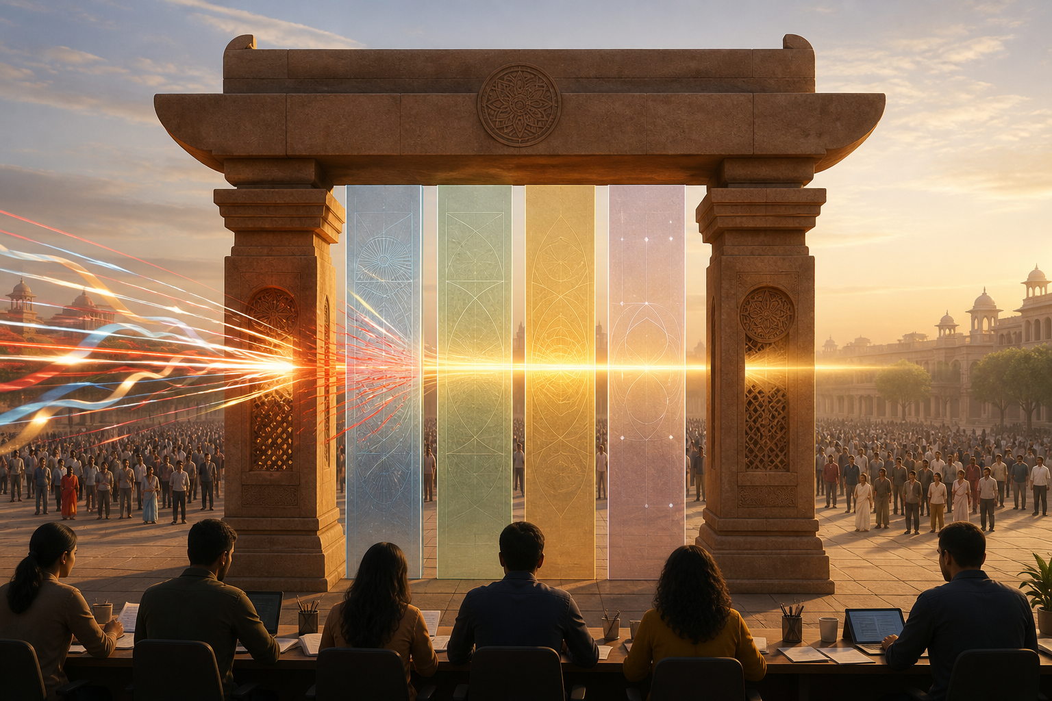 A clear beam passes through a balanced stone gateway toward a diverse crowd while distorted signals are filtered out.