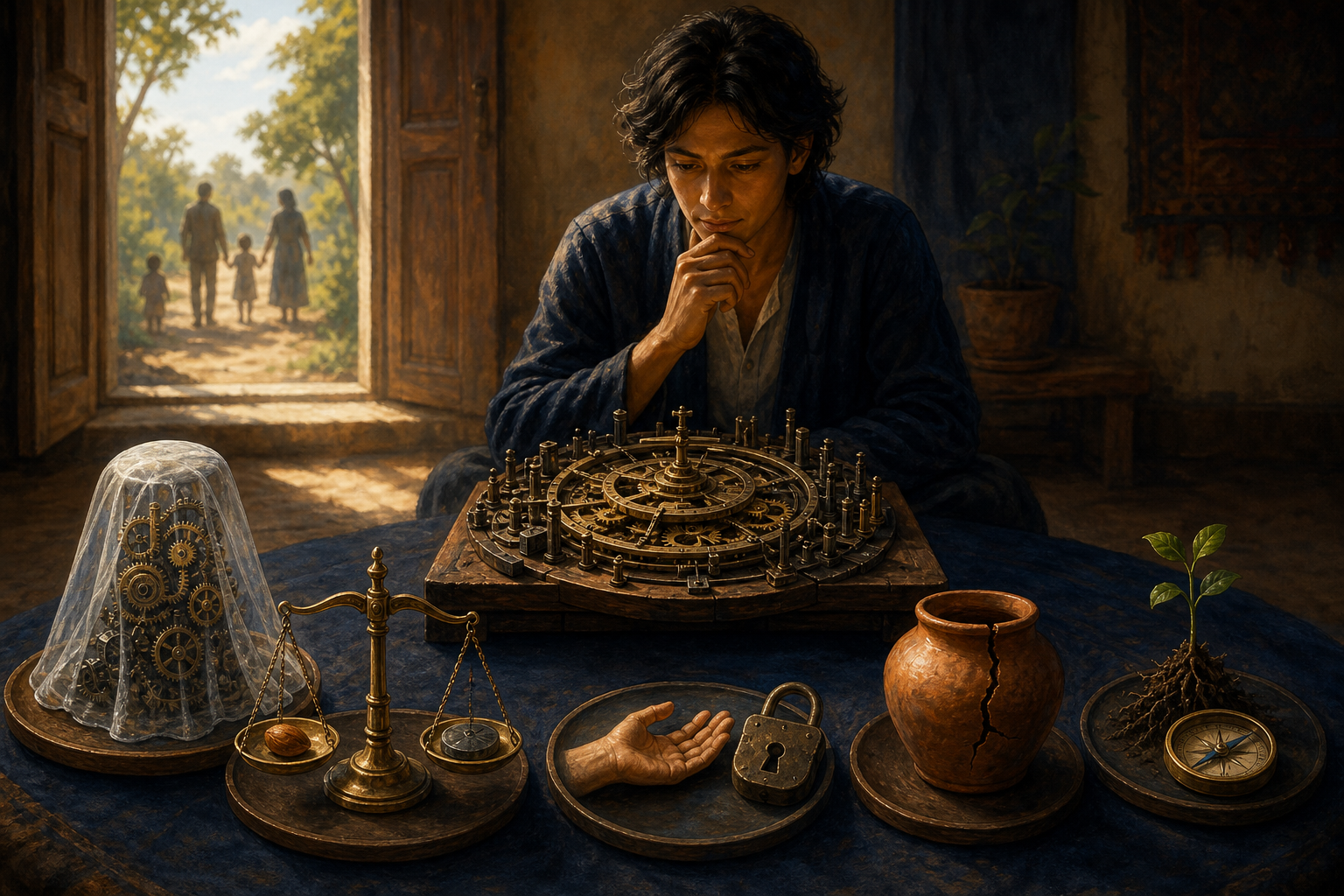 A seated person examines a civic mechanism surrounded by five symbolic objects, with an open doorway leading to people, trees, and daylight.