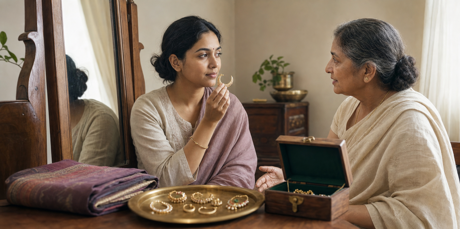A woman holds a gold nath near a mirror while an older relative shares an open heirloom jewelry box beside her.