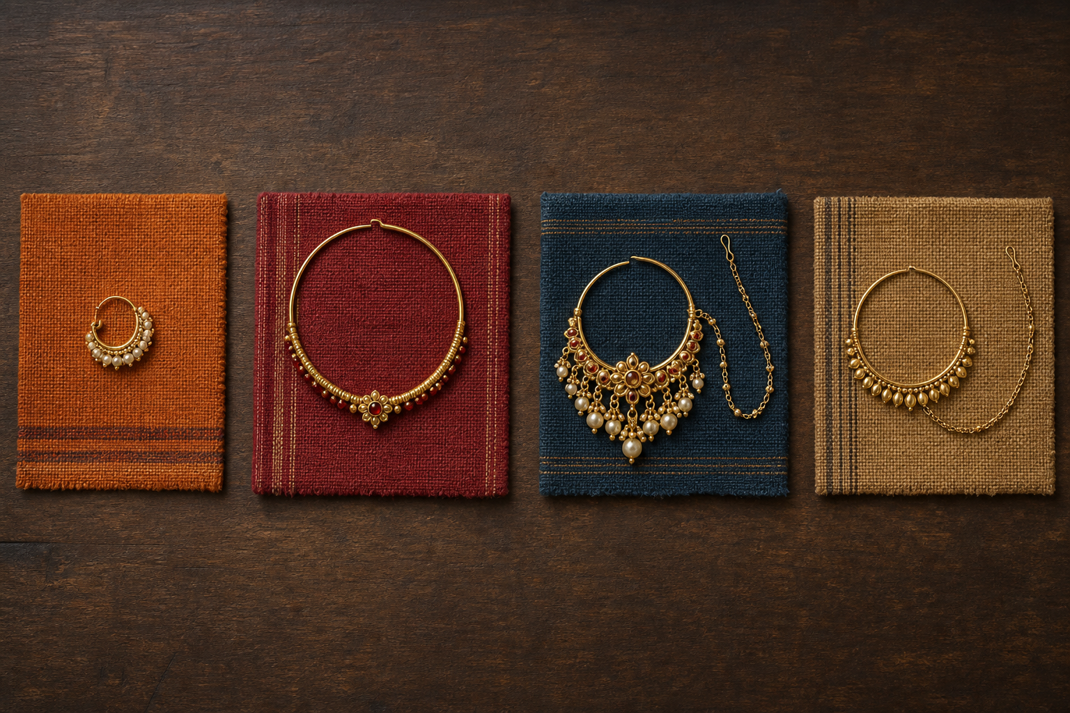Four differently shaped regional nath ornaments are displayed on separate pieces of handwoven fabric.
