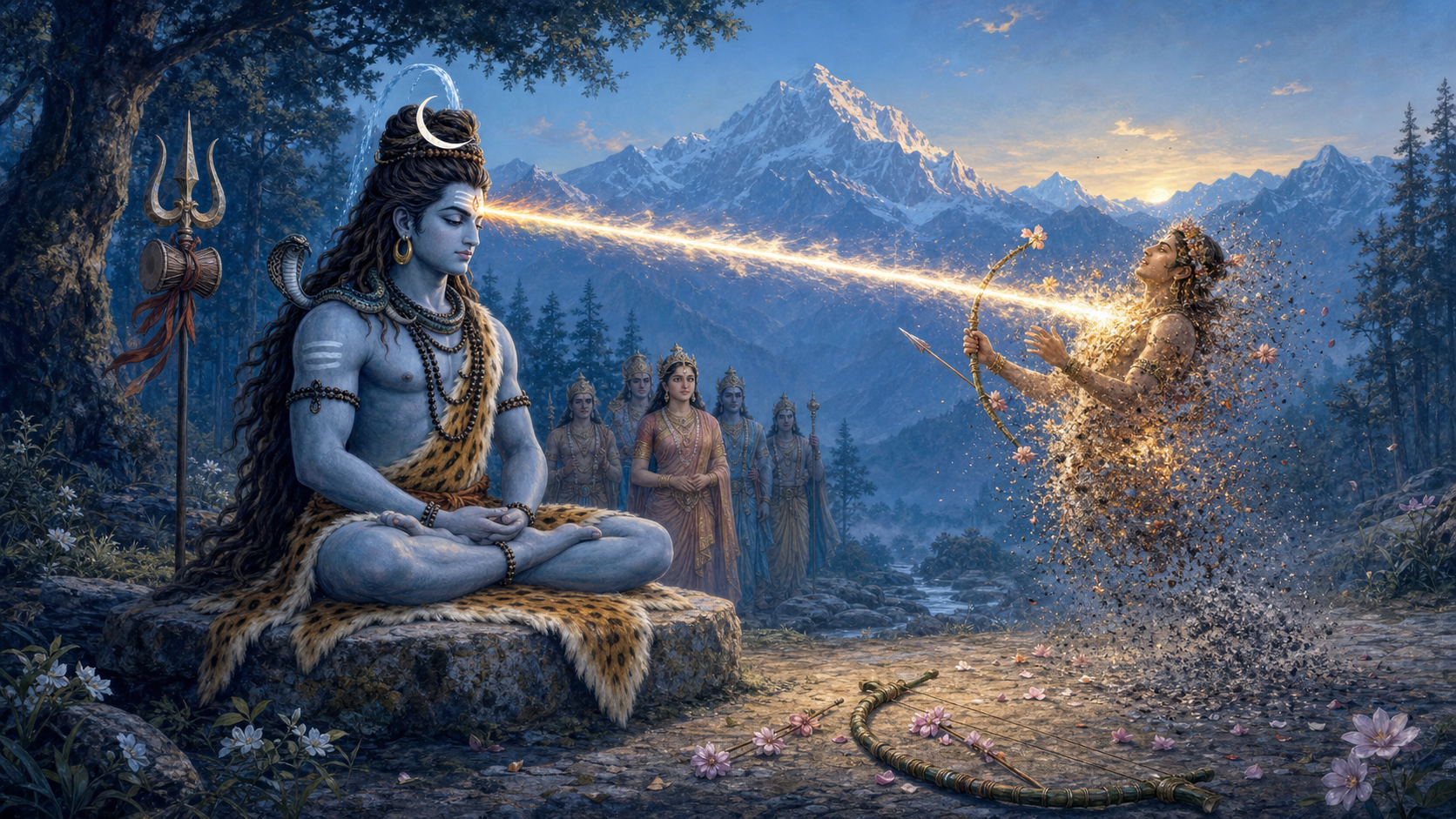 Shiva meditates in a Himalayan clearing as fire from his third eye reduces the flower-armed Kama to glowing embers and ash while Parvati and the devas watch from a distance.