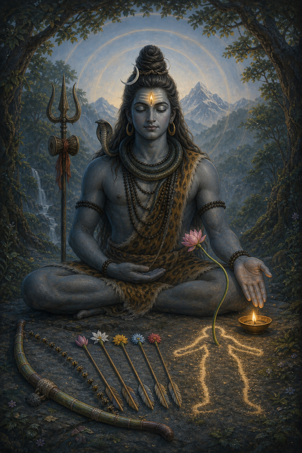 A meditating Shiva sits above a sugarcane bow, five flower arrows, and a human-shaped trace of ash from which a lotus grows toward an oil lamp.