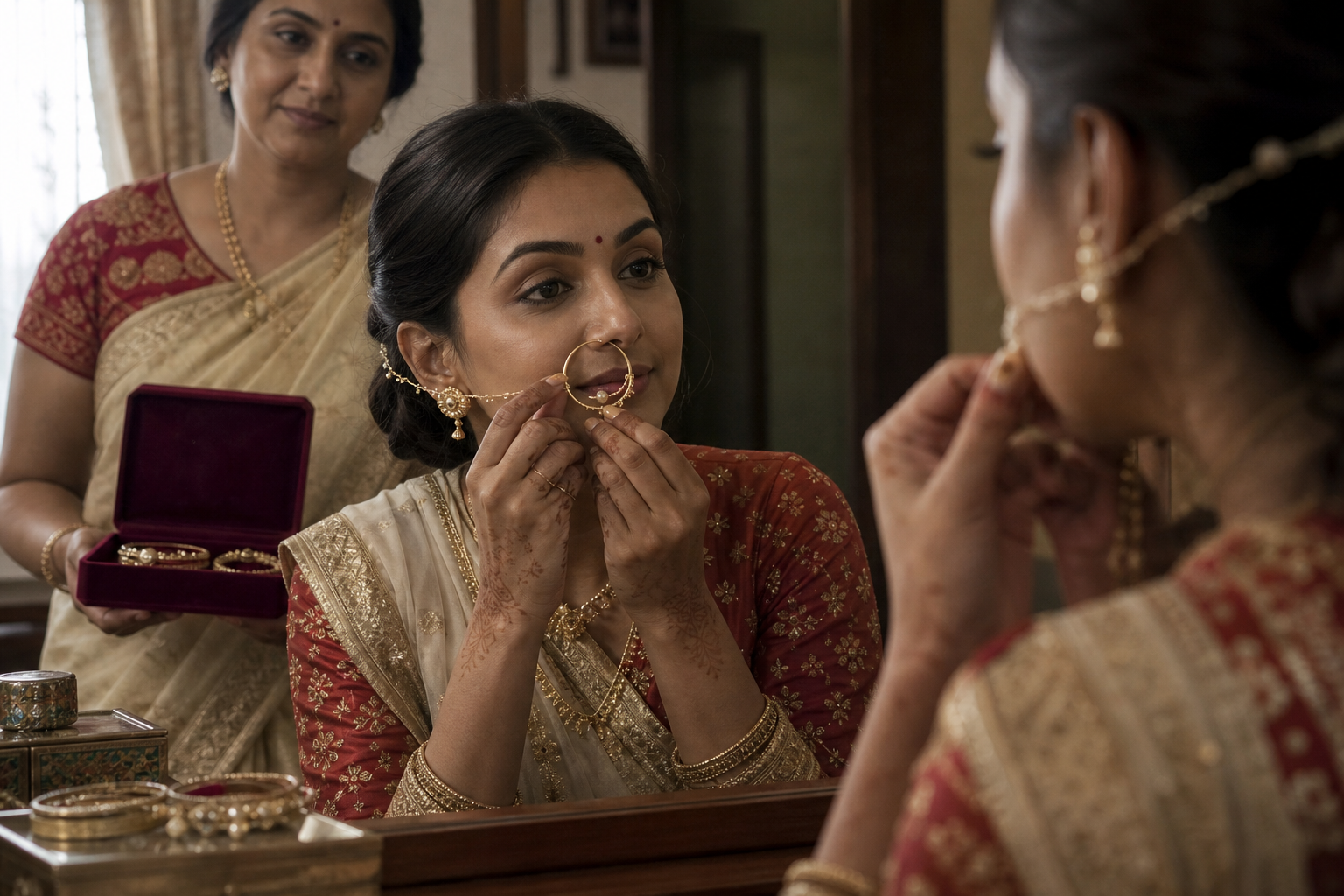 A bride fastens a hoop nath herself as a relative holds the jewelry case nearby.