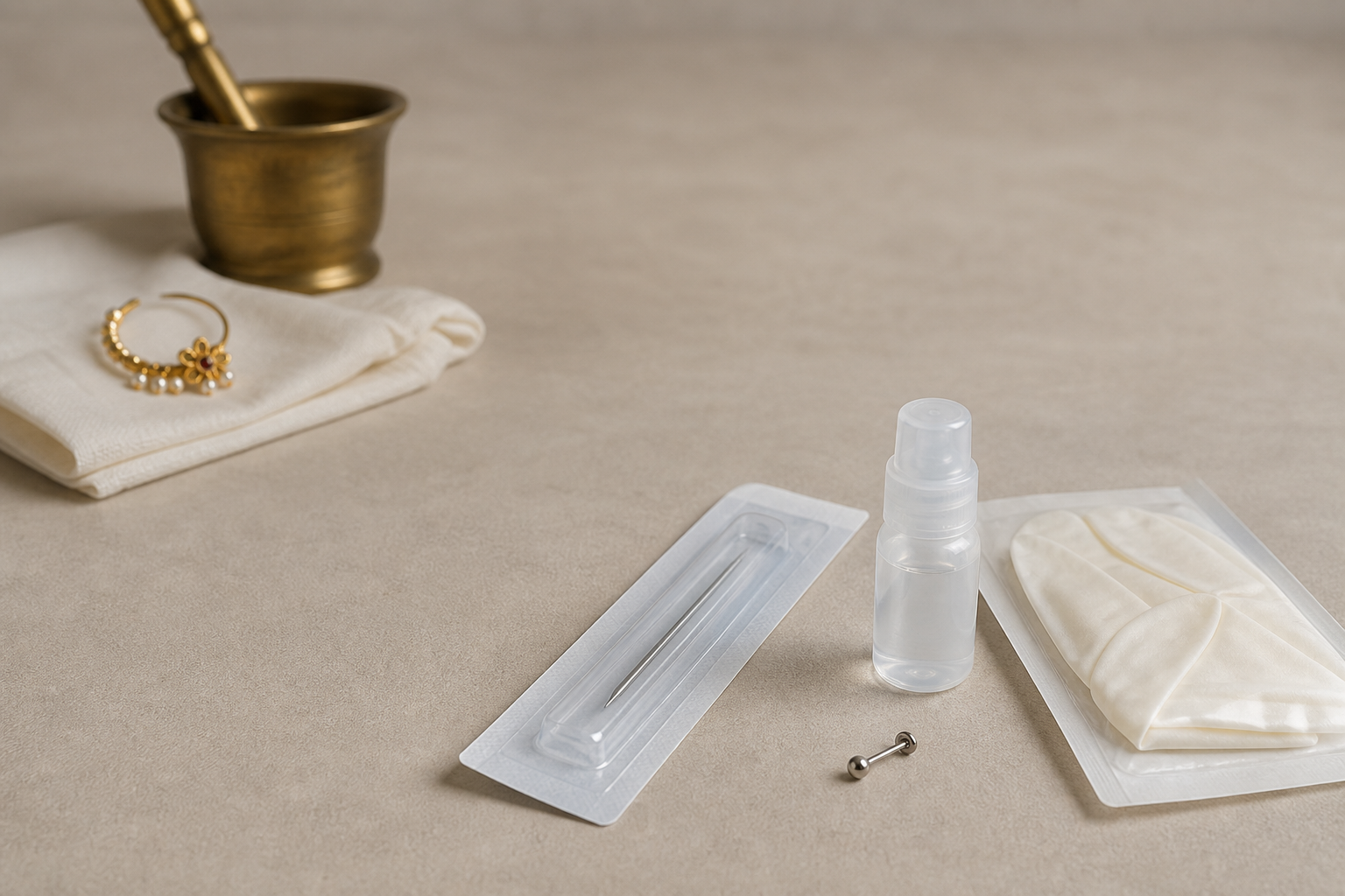 A gold nath and brass mortar sit behind sealed sterile piercing supplies and a small nostril stud.