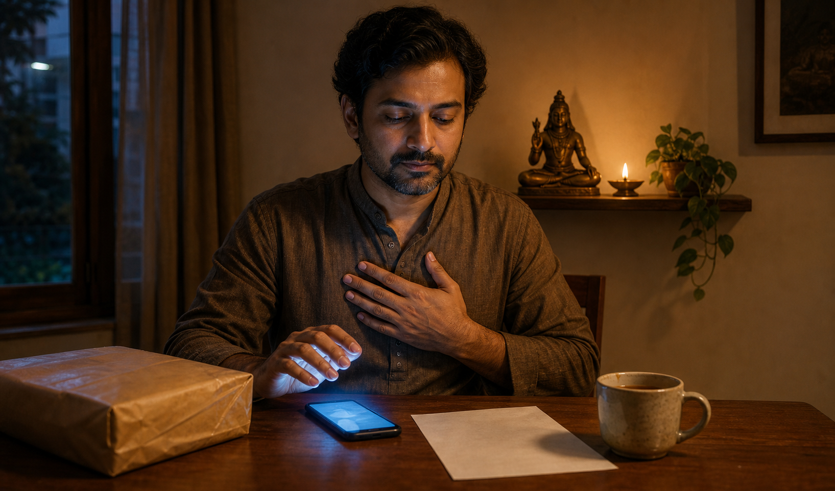 A person pauses with one hand above a glowing smartphone and the other on their chest while a small lamp burns beside a bronze image of meditating Shiva.