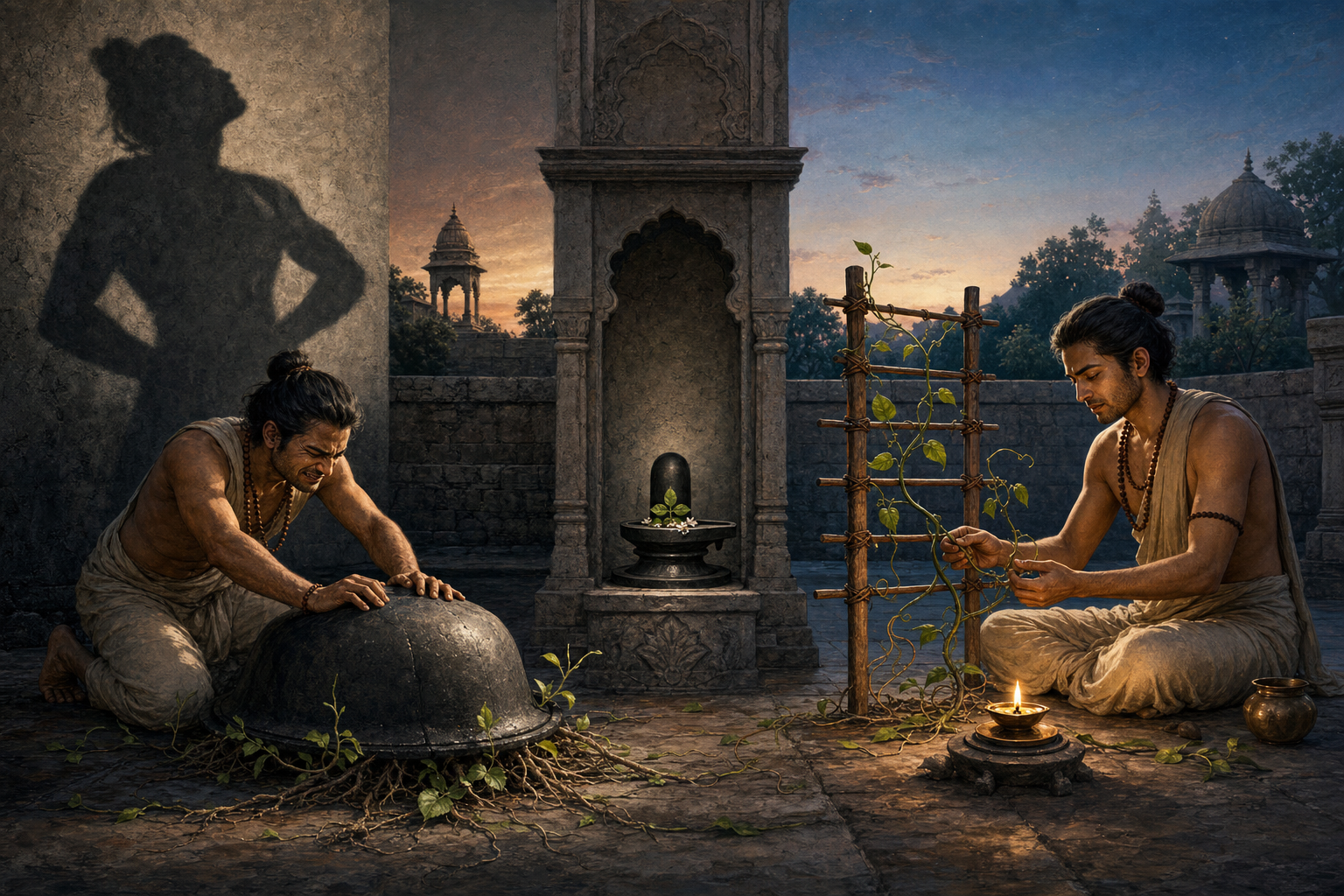 A mirrored courtyard scene shows one aspirant hiding a flowering vine beneath a vessel while watching an imposing shadow, and another calmly guiding the vine beside a small flame and shrine.