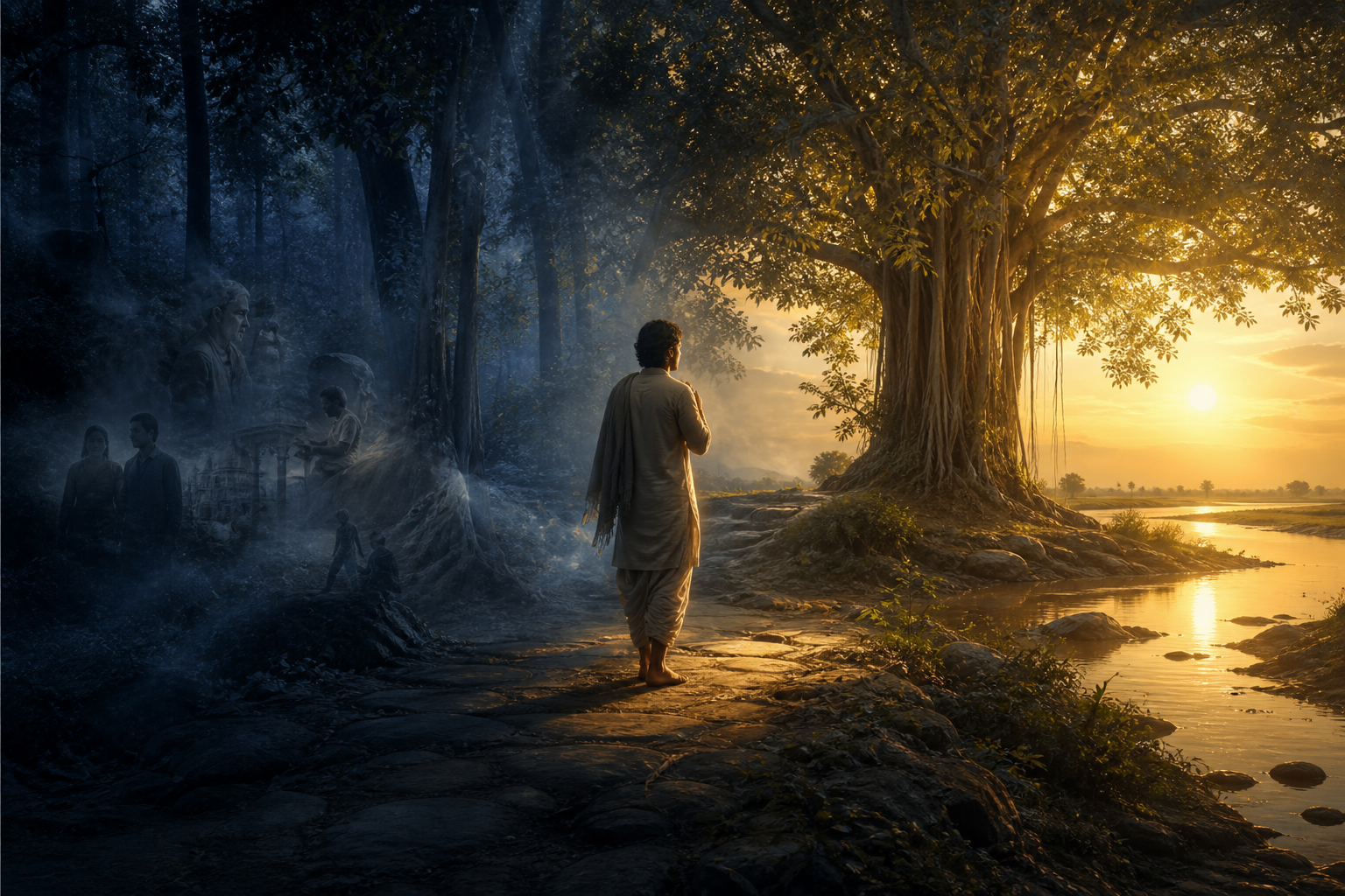 A solitary seeker steps from a misty forest toward a sunlit river plain and banyan tree at dawn.