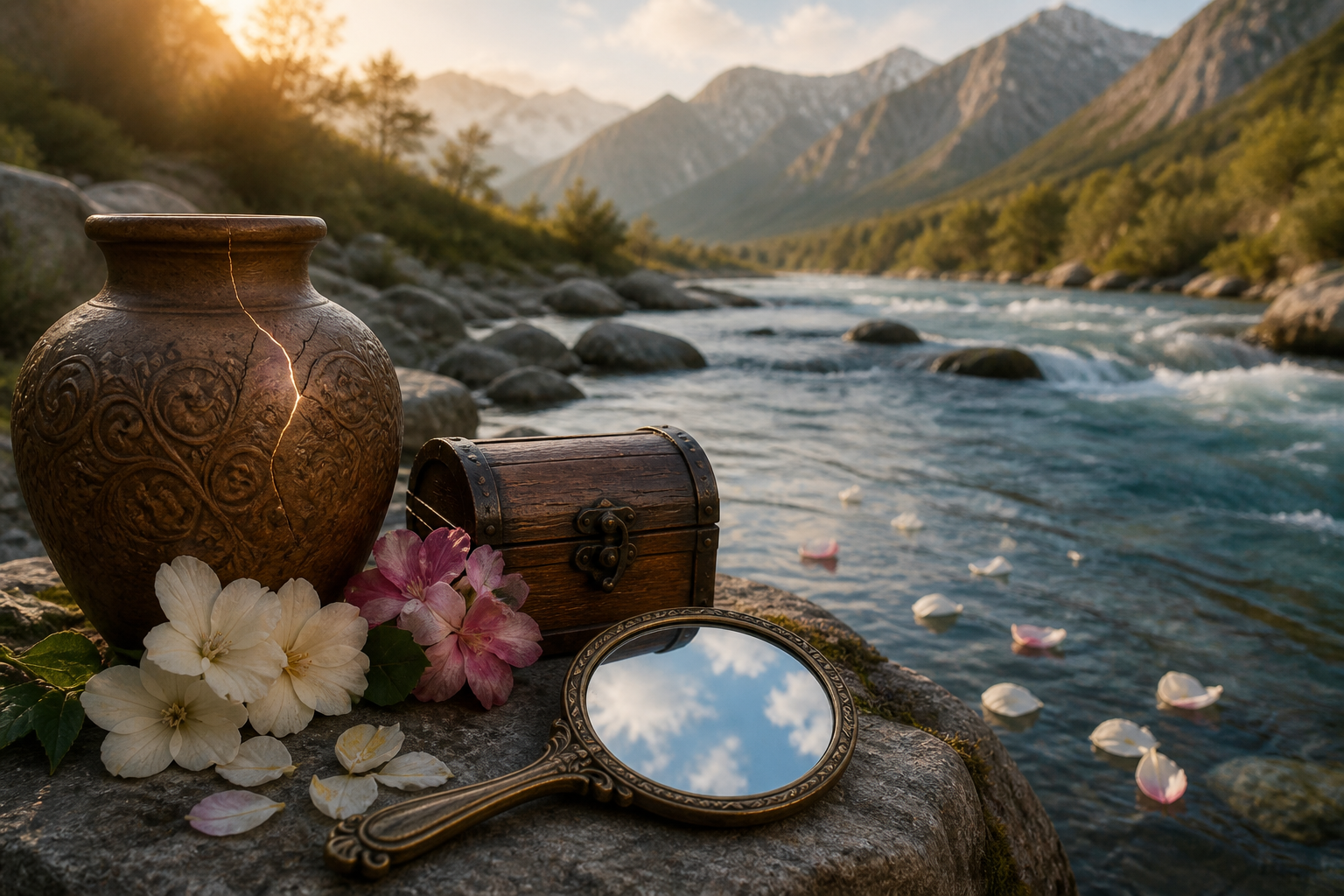 A cracked clay vessel, flowers, wooden chest, and mirror sit beside a flowing river as petals drift away.