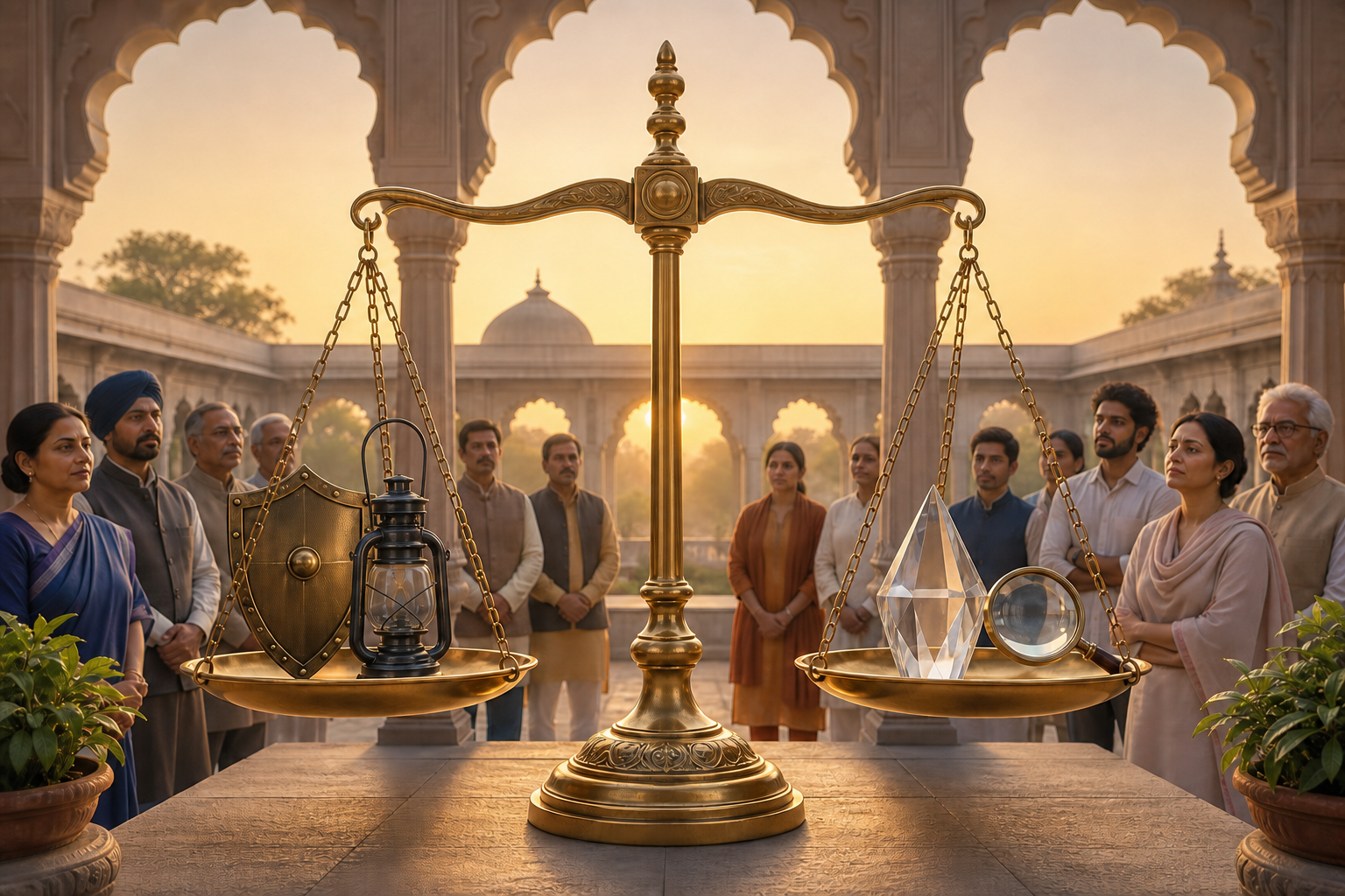 A balanced brass scale holds symbols of vigilance on one side and truth-seeking on the other in a sunlit Indian courtyard.